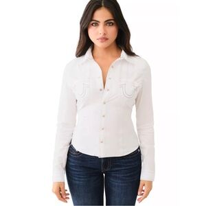 True Religion White Button-Down Shirt XS Logo Breast Pocket